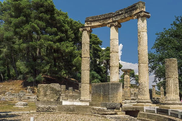 Ancient Olympia, archaeological site with Philippeion circular memorial columns, UNESCO World Heritage Site, Olympia, Greece, Europe