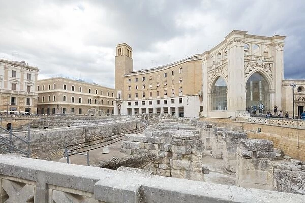 Ancient Roman ruins and historical buildings in the old town, Lecce, Apulia, Italy