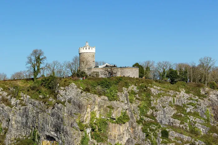 Framed Print : Ancient stone castle perched atop a rugged limestone hill under a clear blue sky in Bristol, England, United Kingdom, Europe Framed Print : Ancient stone castle perched atop a rugged limestone hill under a clear blue sky in Bristol, England, United Kingdom, Europe
