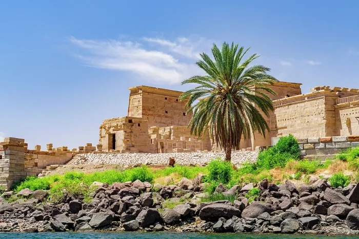 Framed Print : Ancient Temple of Philae surrounded by palm trees, Aswan, Egypt Framed Print : Ancient Temple of Philae surrounded by palm trees, Aswan, Egypt