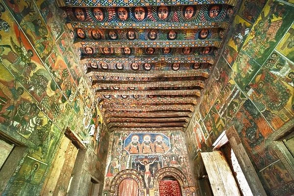 Ancient wall paintings in the interior of the Debre Birhan Selassie Church, Gondar, Ethiopia, Africa