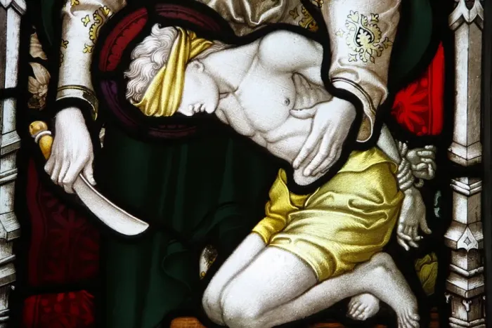 Framed Print : An angel appearing to Abraham and his son, 19th century stained glass in St