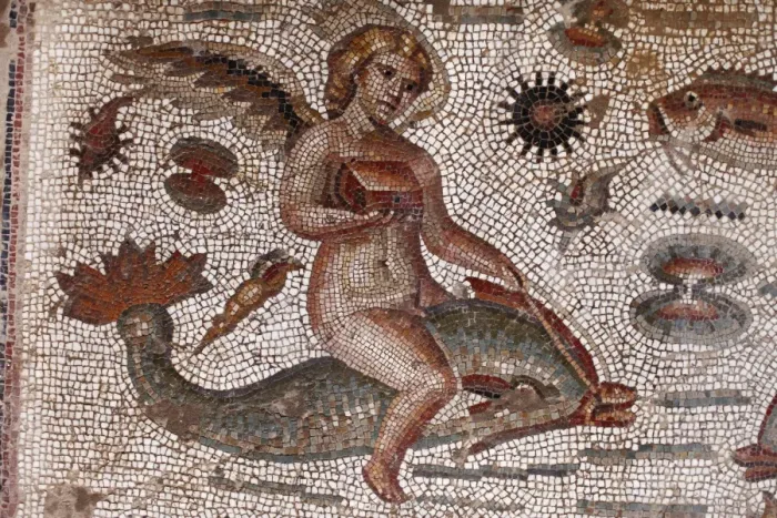 Framed Print : Angel riding on a dolphin, part of the Amphitrite Roman mosaic, House of Amphitrite Framed Print : Angel riding on a dolphin, part of the Amphitrite Roman mosaic, House of Amphitrite