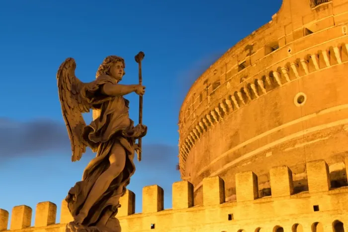 Framed Print : Angel statue on Ponte Sant Angelo bridge at dusk with Castel Sant Angelo, Rome, Lazio, Italy, Europe Framed Print : Angel statue on Ponte Sant Angelo bridge at dusk with Castel Sant Angelo, Rome, Lazio, Italy, Europe