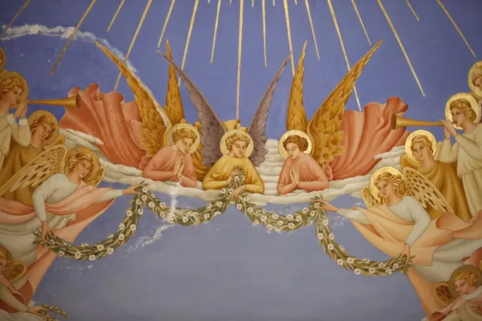 Framed Print : Detail of angels in a fresco in the Visitation church in Ein Kerem, Israel, Middle East Framed Print : Detail of angels in a fresco in the Visitation church in Ein Kerem, Israel, Middle East