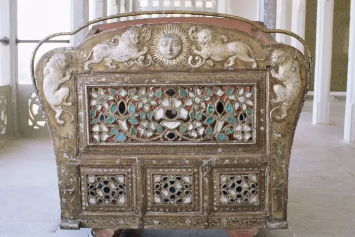 Framed Print : Detail of the back of an antique elephant howdah in Framed Print : Detail of the back of an antique elephant howdah in