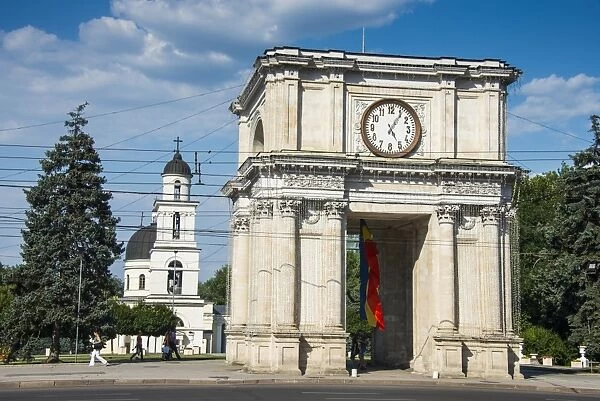 Arc de triomphe before the Nativity cathedral in the center of Chisinau capital of Moldova, Eastern Europe