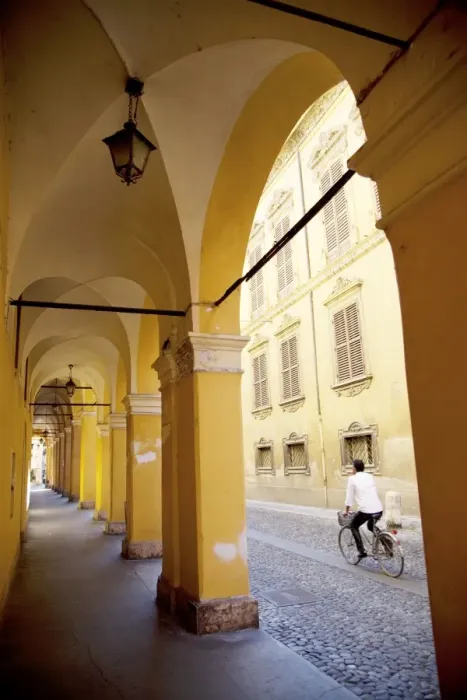 Framed Print : Arcade and cyclist, Modena, Emilia Romagna, Italy, Europe Framed Print : Arcade and cyclist, Modena, Emilia Romagna, Italy, Europe