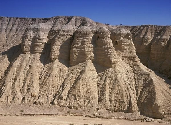 Archaeological site of Qumran where Dead Sea scrolls discovered in caves in cliffs