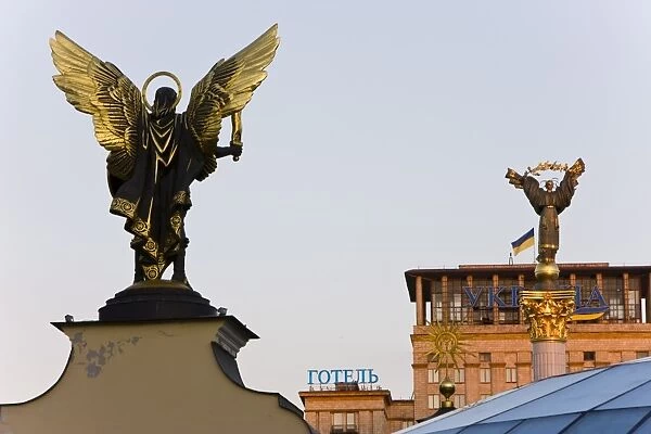 Archangel Michael sculpture in Independence Square, Kiev, Ukraine, Europe