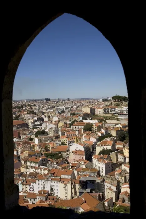 Framed Print : An arched window at the Castelo Sao Jorge (Castle of St. George) provides a view of Lisbon Framed Print : An arched window at the Castelo Sao Jorge (Castle of St. George) provides a view of Lisbon