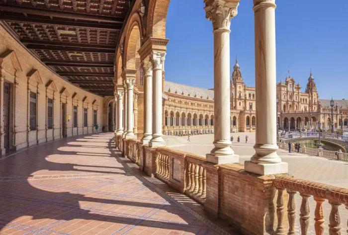 Framed Print : Under the arches of the semicircular Plaza de Espana, Maria Luisa Park, Seville, Andalusia Framed Print : Under the arches of the semicircular Plaza de Espana, Maria Luisa Park, Seville, Andalusia