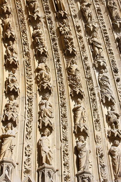 Detail of arches on the west front of Reims cathedral, UNESCO World Heritage Site, Reims