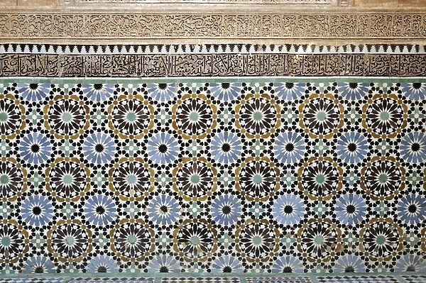 Architectural detail of traditional zelliges and frieze, Marrakesh, Morocco, North Africa, Africa