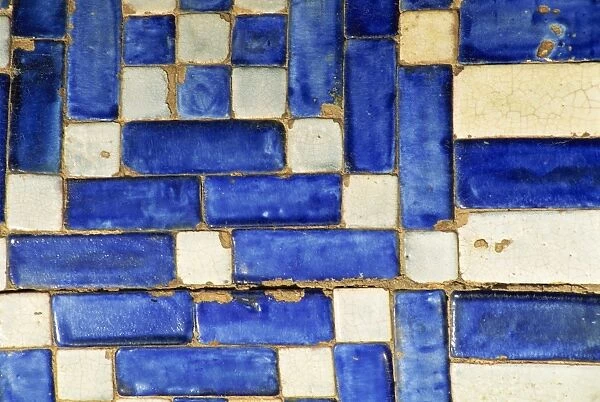 Architectural detail of typical blue and white tiles in Khiva