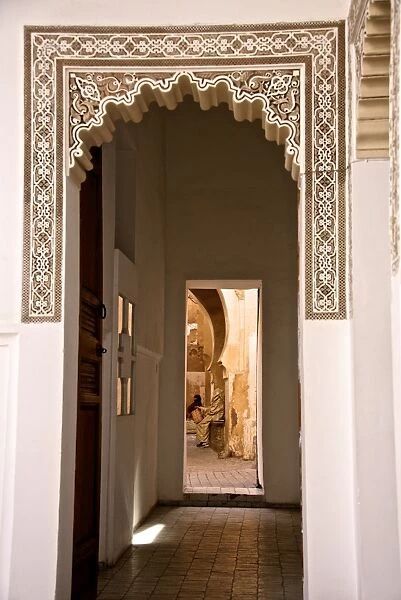 Archway, engraved plaster, Storks House, Dar Bellarj, built in 1930, Arts and Crafts Centre, Art foundation, Medina, Marrakech, Morocco, North Africa, Africa