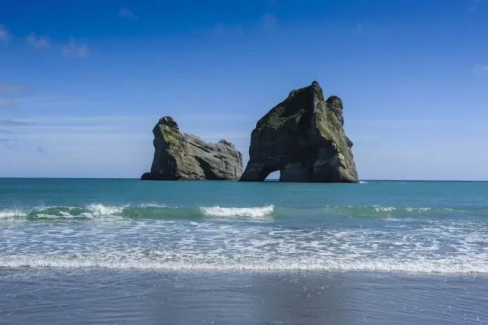Framed Print : Archway islands, Wharariki Beach, South Island, New Zealand, Pacific Framed Print : Archway islands, Wharariki Beach, South Island, New Zealand, Pacific
