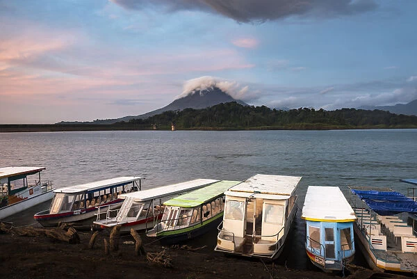 Arenal Volcano and Arenal Lake at sunset, near La Fortuna, Alajuela Province, Costa Rica