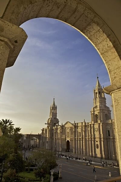 Arequipa Cathedral at sunset on Plaza de Armas, Arequipa, UNESCO World Heritage Site, Peru, South America