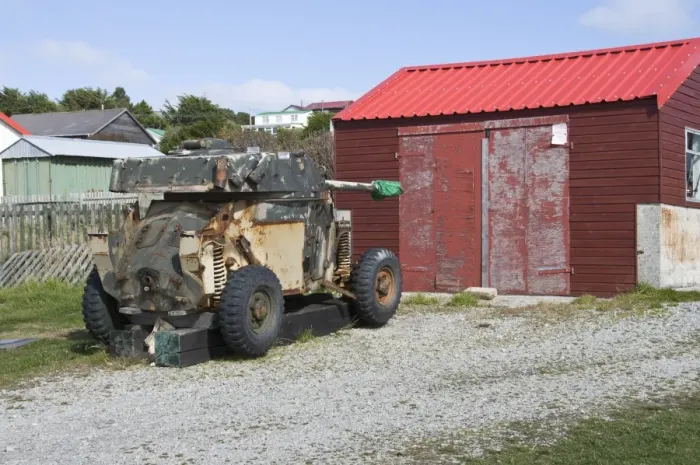 Framed Print : Argentine armoured car, Port Stanley, Falkland Islands, South America Framed Print : Argentine armoured car, Port Stanley, Falkland Islands, South America