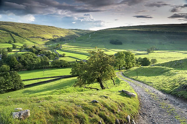 Arncliffe village surrounded by dry stone walls and green fields, Littondale, The Yorkshire Dales, Yorkshire, England, United Kingdom, Europe