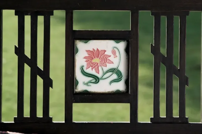 Framed Print : Detail of art deco style tile inset into swing bed or hitchkar Framed Print : Detail of art deco style tile inset into swing bed or hitchkar
