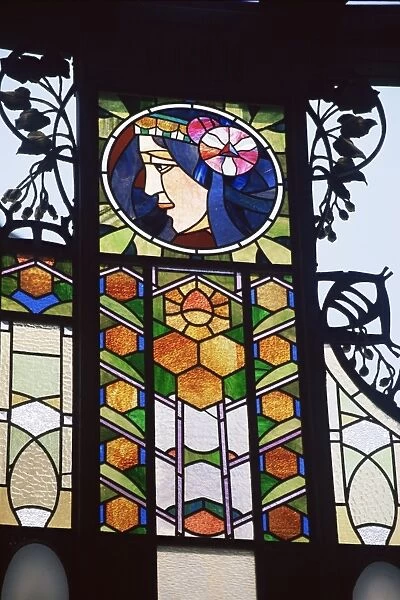 Detail of art nouveau glasswork on the Community House, Prague, Czech Republic, Europe