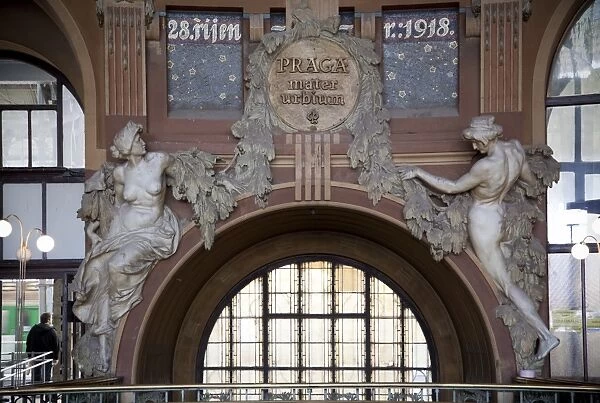 Art Nouveau statues of two women in Railway Station, Prague, Czech Republic, Europe