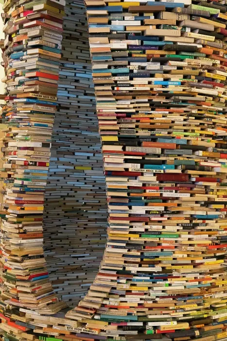 Framed Print : Artwork named Idiom designed by Matej Kren in 1998, a book tunnel of 8000 books at the Municipal Library of Prague, Prague, Czech Republic (Czechia), Europe