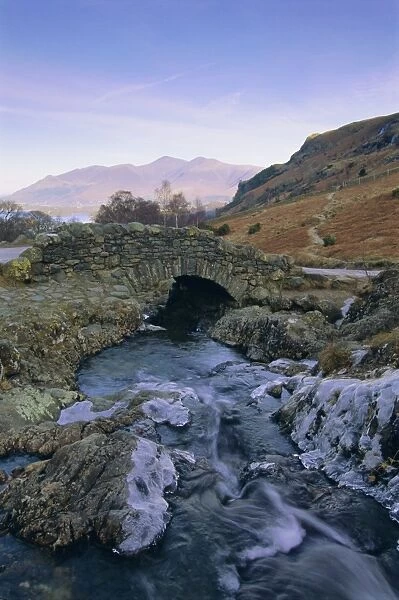 Ashness Bridge and frozen beck, Lake District National Park, Cumbria, England, UK, Europe