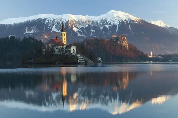 The Assumption of Mary Pilgrimage Church on Lake Bled and Bled Castle, Bled, Slovenia