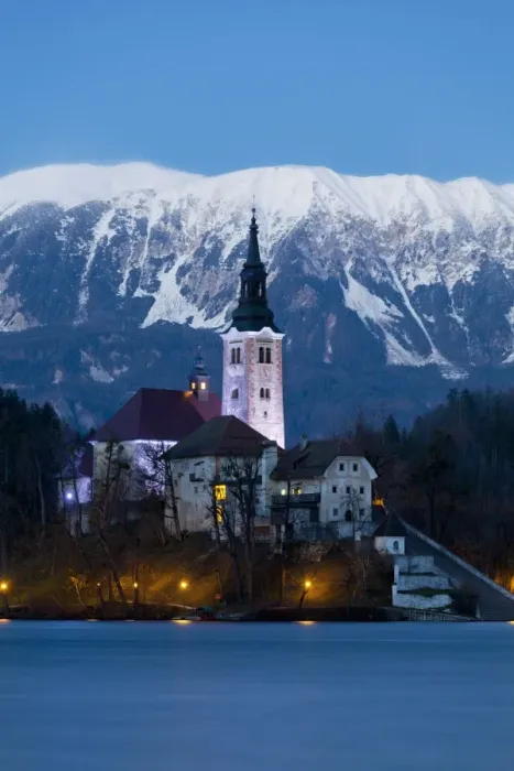 Framed Print : The Assumption of Mary Pilgrimage Church on Lake Bled at Dusk, Bled, Slovenia, Europe