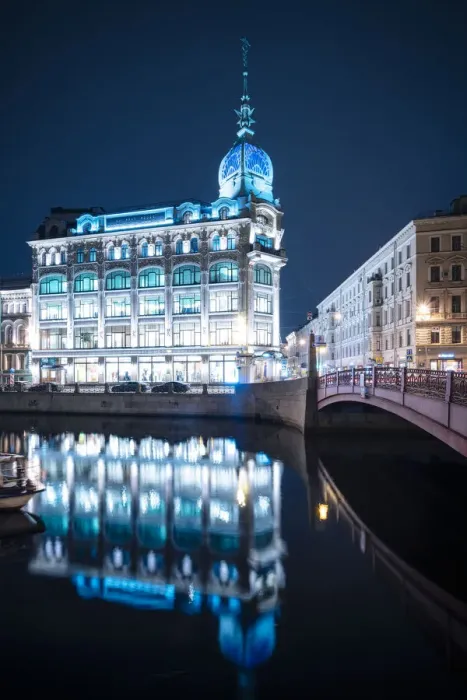 Framed Print : Au Pont Rouge Department Store at night, St. Petersburg, Leningrad Oblast, Russia, Europe