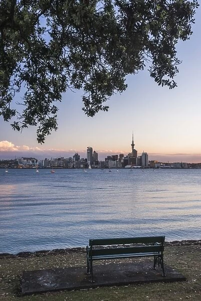 Auckland skyline at night seen from Bayswater, Auckland, North Island, New Zealand