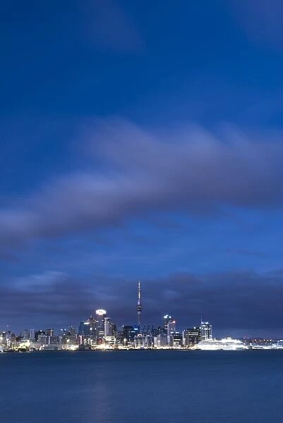 Auckland skyline at night seen from Devenport, Auckland, North Island, New Zealand