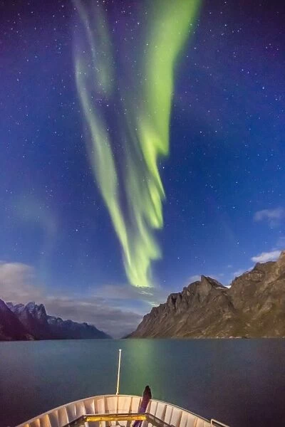 The aurora borealis in Kangerlussuaq Fjord, Greenland, Polar Regions