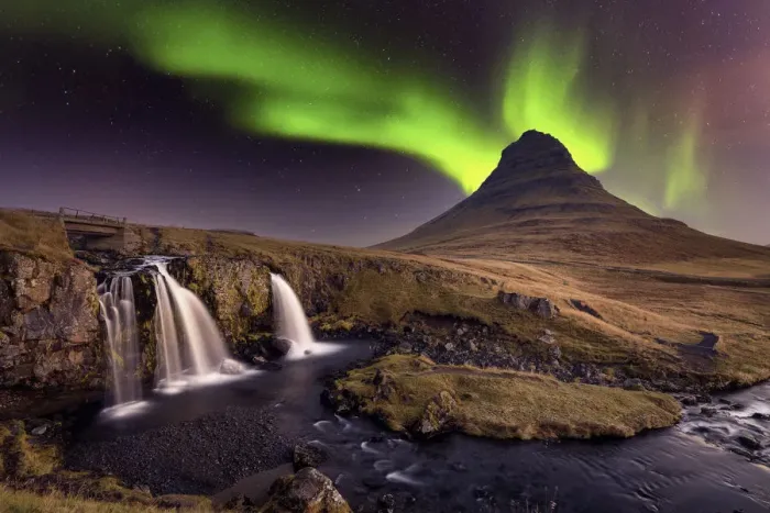 Framed Print : Aurora Borealis (Northern Lights) over Kirkjufell Mountian with a small waterfall in Framed Print : Aurora Borealis (Northern Lights) over Kirkjufell Mountian with a small waterfall in