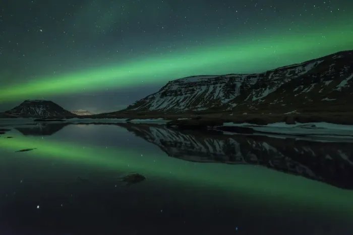 Framed Print : Aurora borealis (Northern Lights) reflected in partially frozen lake, North Snaefellsnes Framed Print : Aurora borealis (Northern Lights) reflected in partially frozen lake, North Snaefellsnes