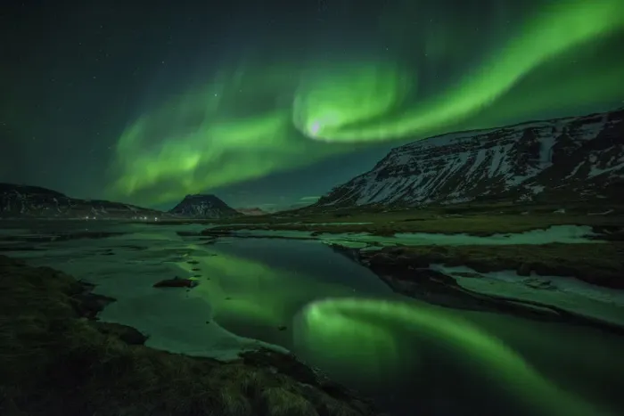 Framed Print : Aurora borealis (Northern Lights) reflected in partially frozen lake, North Snaefellsnes Framed Print : Aurora borealis (Northern Lights) reflected in partially frozen lake, North Snaefellsnes