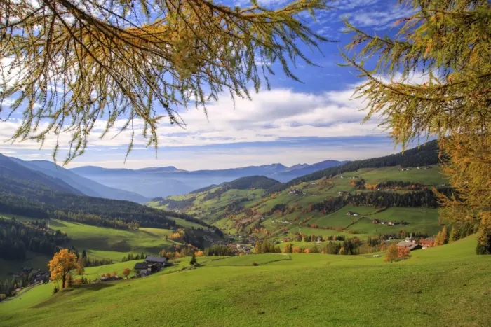 Framed Print : Autumn colors and view of the village of St. Magdalena with the Odle Mountains in the background Framed Print : Autumn colors and view of the village of St. Magdalena with the Odle Mountains in the background