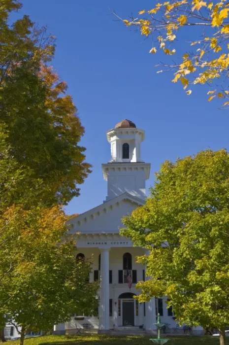 Framed Print : Autumn colours around traditional white Windham County Court House, Newfane Framed Print : Autumn colours around traditional white Windham County Court House, Newfane