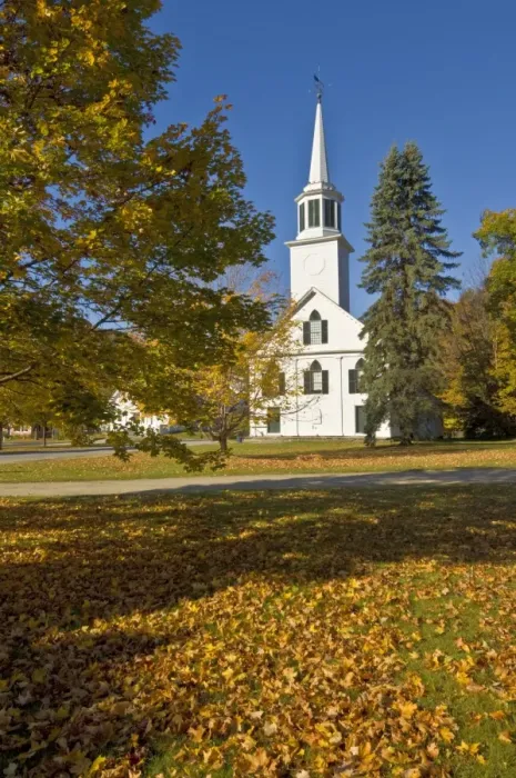 Framed Print : Autumn fall colours around traditional white timber clapperboard church Framed Print : Autumn fall colours around traditional white timber clapperboard church