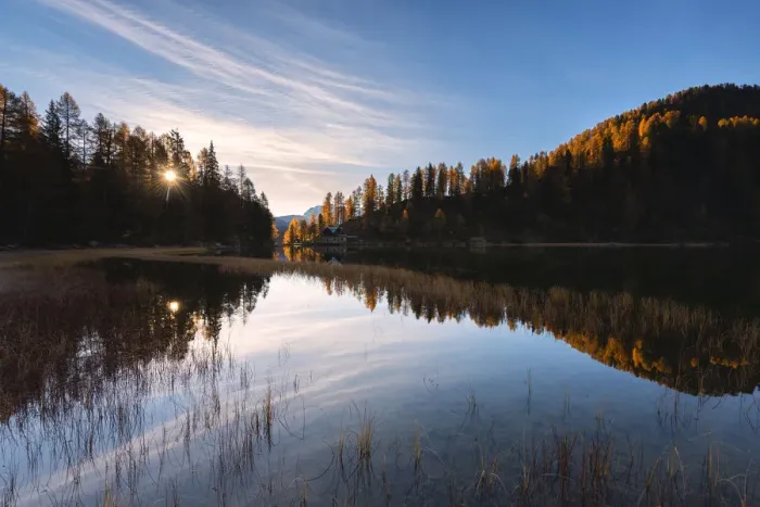 Framed Print : Autumn sunrise at Lake Malghette, Val Rendena, Trentino Alto Adige, Italy Framed Print : Autumn sunrise at Lake Malghette, Val Rendena, Trentino Alto Adige, Italy