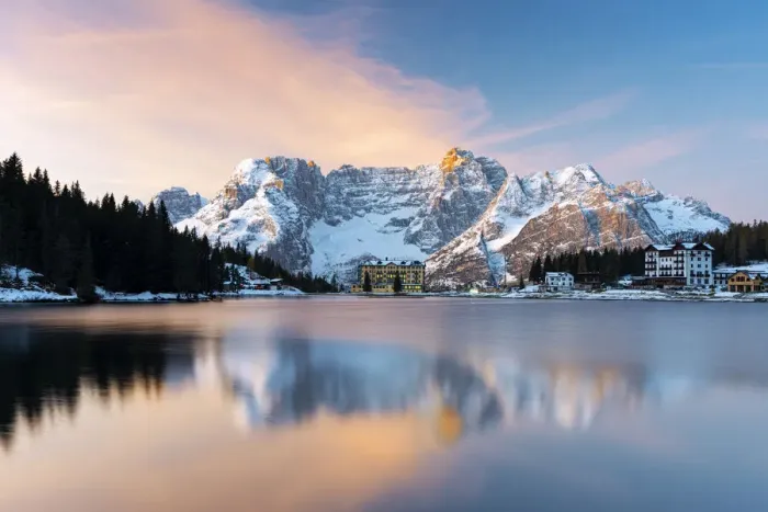 Framed Print : Autumn sunrise over Lake Misurina and Sorapiss mountain, Dolomites, Auronzo di Cadore Framed Print : Autumn sunrise over Lake Misurina and Sorapiss mountain, Dolomites, Auronzo di Cadore