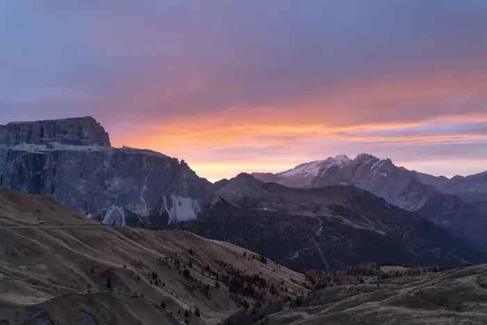 Framed Print : Autumn sunrise over Marmolada and Sass Pordoi from Passo Sella, Val Gardena, Dolomites Framed Print : Autumn sunrise over Marmolada and Sass Pordoi from Passo Sella, Val Gardena, Dolomites