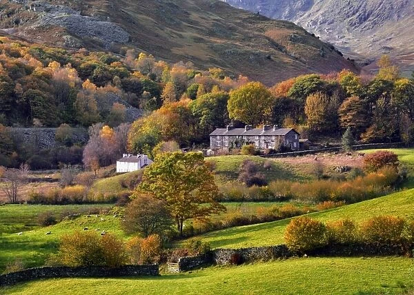 An autumn view of the scenic Langdale Valley, Lake District National Park, Cumbria