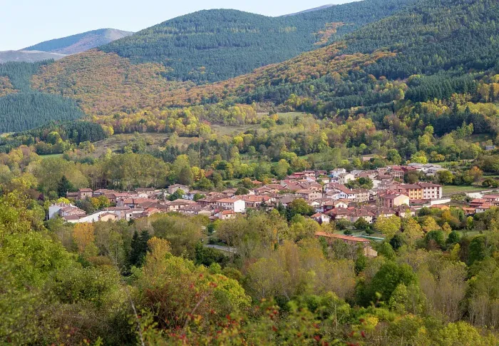 Framed Print : Autumnal countryside landscape view of forests, mountains and village of Valganon, La Rioja, Spain, Europe Framed Print : Autumnal countryside landscape view of forests, mountains and village of Valganon, La Rioja, Spain, Europe