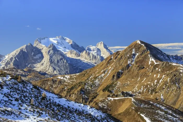 Framed Print : Autumnal view of the tops of Marmolada mountain range from Falzarego Pass, Dolomites of Belluno Framed Print : Autumnal view of the tops of Marmolada mountain range from Falzarego Pass, Dolomites of Belluno