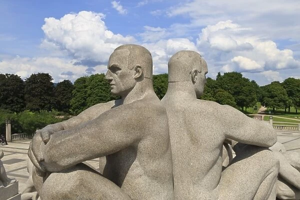 Back to back, detail of a sculptural group on the Monolith Plateau by Gustav Vigeland, Frogner Park, Oslo, Norway, Scandinavia, Europe