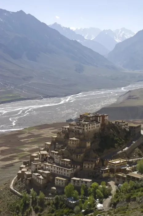 Framed Print : Backlit view of Kee Gompa monastery complex from above Framed Print : Backlit view of Kee Gompa monastery complex from above